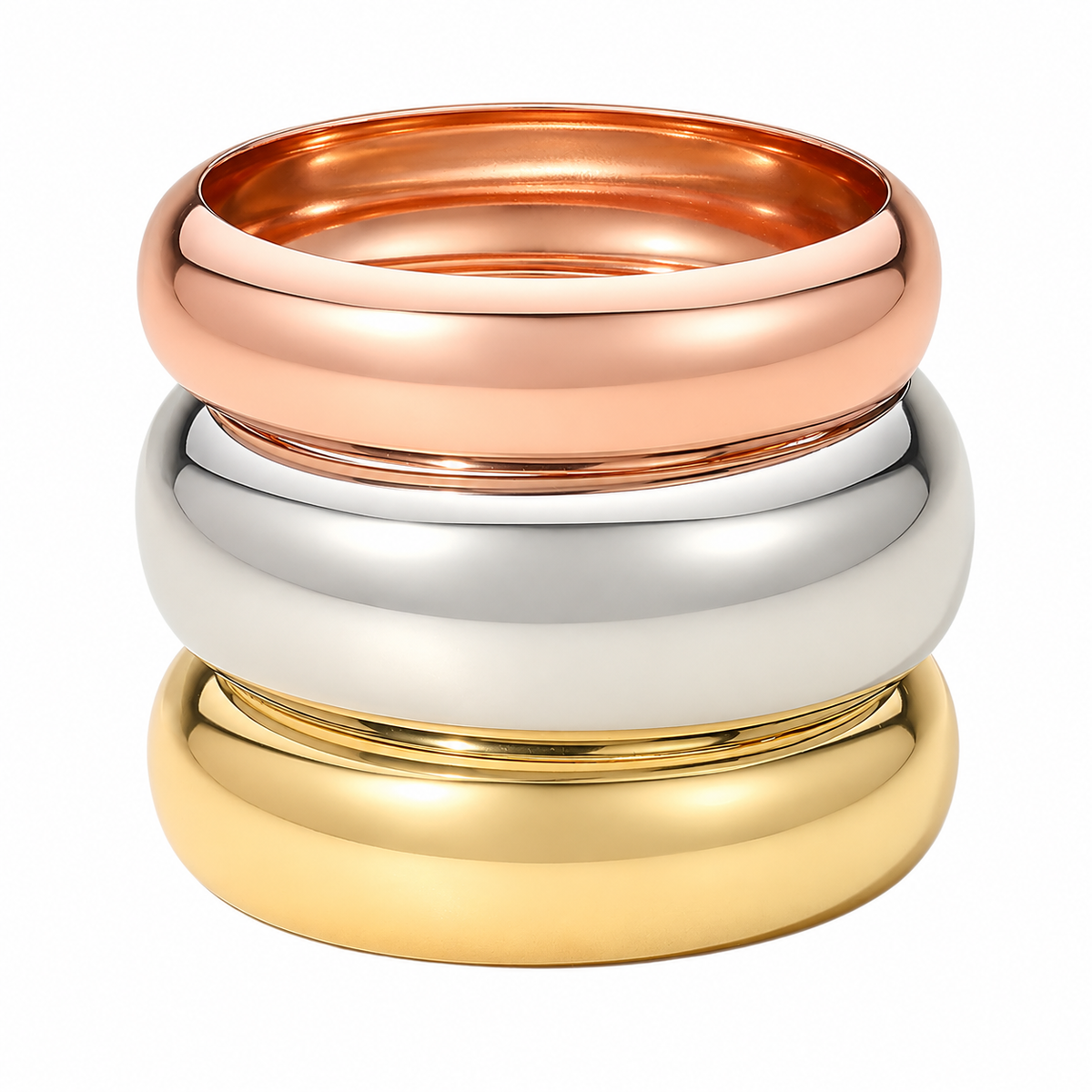 Tri-Color Stacking Bangle Bracelets Set, Rose Gold, Gold and Silver Plated, Round Chunky Design, Thick, Bold and Gold for Med to Large size wrists 3 Piece Set 8.25"