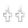 Chic Western Style Matte Finish Hammered Metal Cross Religious Dangle Earrings, 1.75" (Outlined Matte Silver Tone)