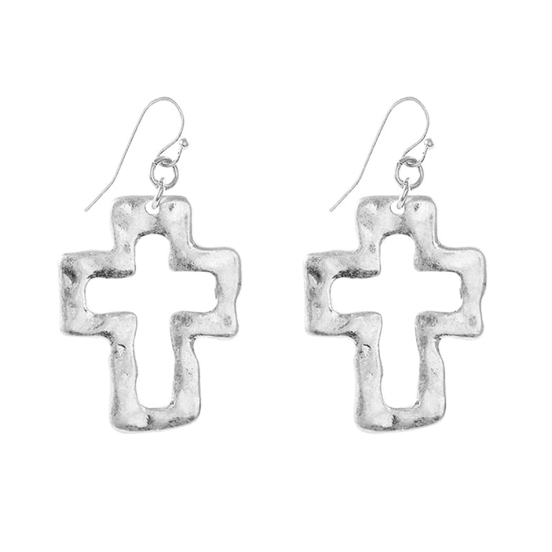 Chic Western Style Matte Finish Hammered Metal Cross Religious Dangle Earrings, 1.75" (Outlined Matte Silver Tone)