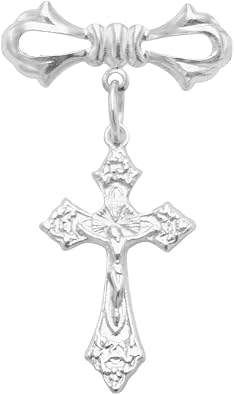 Crucifix Cross Medal Petite Brooch Pin, Silver and Gold, 1.75", Perfect for Baptism, Communion, Confirmation or Wedding (Silver Tone)