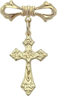 Crucifix Cross Medal Petite Brooch Pin, Silver and Gold, 1.75", Perfect for Baptism, Communion, Confirmation or Wedding (Gold Tone)