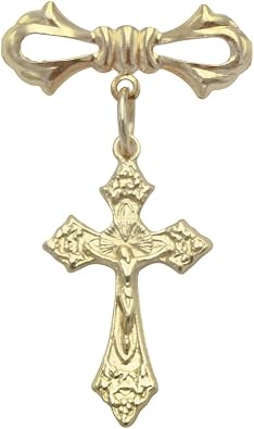 Crucifix Cross Medal Petite Brooch Pin, Silver and Gold, 1.75", Perfect for Baptism, Communion, Confirmation or Wedding (Gold Tone)