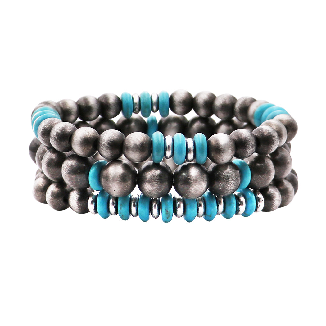Set of 3 Western Metallic Bead And Turquoise Howlite Stretch Bracelets, 2.5"