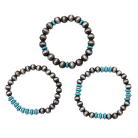 Set of 3 Western Metallic Bead And Turquoise Howlite Stretch Bracelets, 2.5"