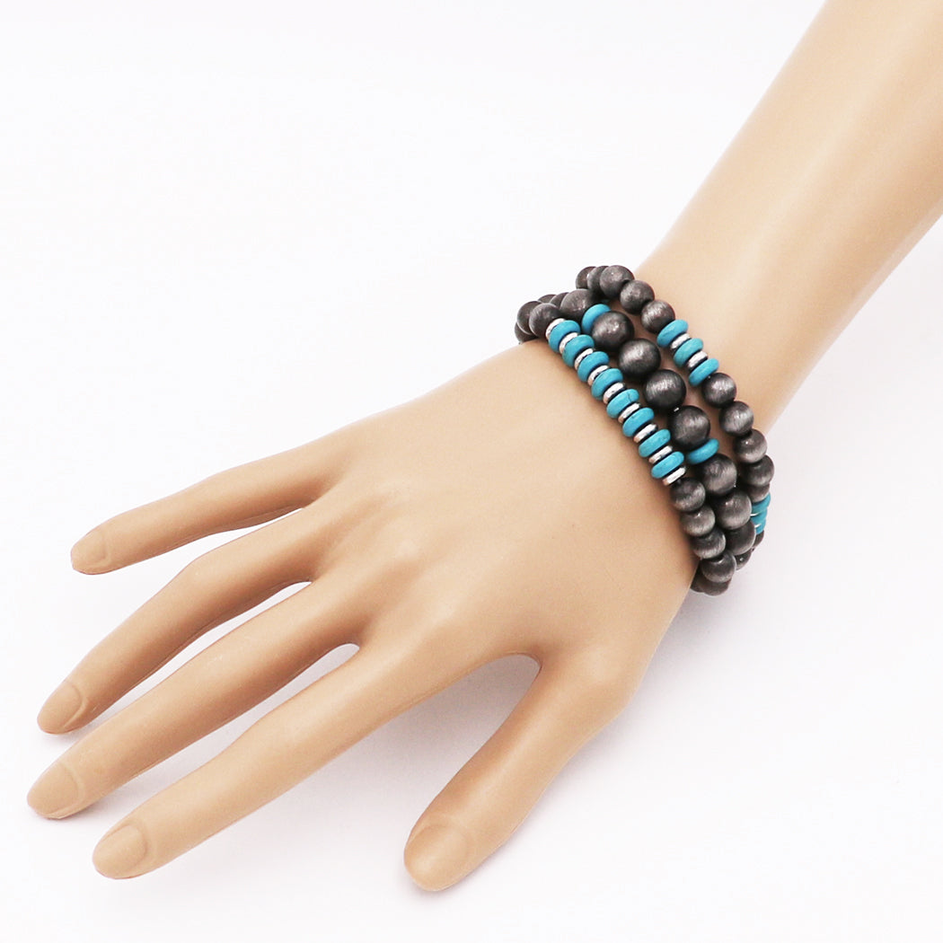 Set of 3 Western Metallic Bead And Turquoise Howlite Stretch Bracelets, 2.5"