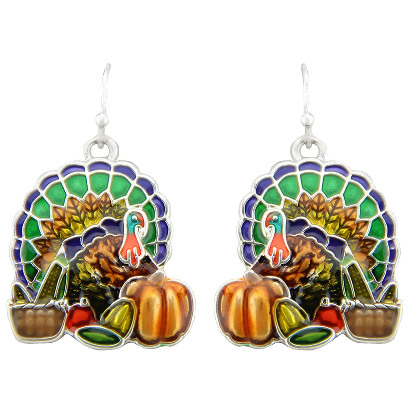 Gobalicious Decorative Enamel Thanksgiving Turkey Silver Tone Earrings, 1.5"