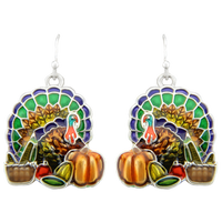 Gobalicious Decorative Enamel Thanksgiving Turkey Silver Tone Earrings, 1.5"