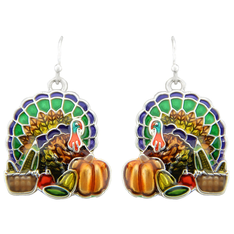 Gobalicious Decorative Enamel Thanksgiving Turkey Silver Tone Earrings, 1.5"