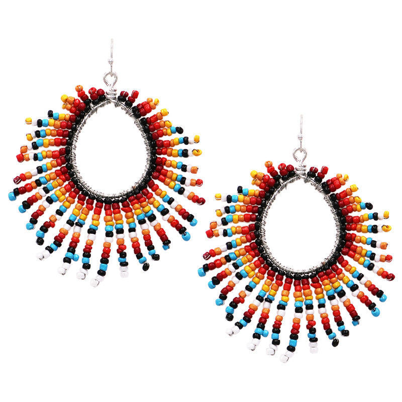 Colorful Bohemian Seed Bead Fringe Hoop Earrings, 3.25"