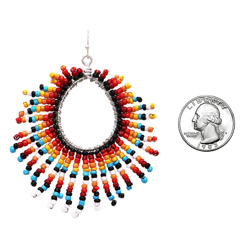 Colorful Bohemian Seed Bead Fringe Hoop Earrings, 3.25"