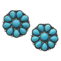 Statement South Western Style Natural Howlite Flower Cowgirl Clip On Style Earrings, 1.12" (Turquoise)