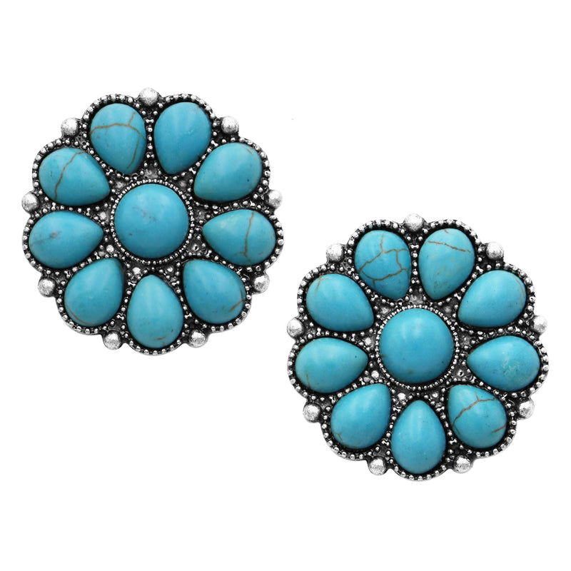 Statement South Western Style Natural Howlite Flower Cowgirl Clip On Style Earrings, 1.12" (Turquoise)