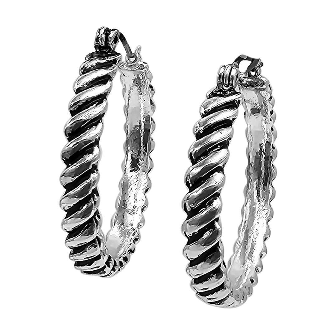 Statement Burnished Silver Tone 3D Textured Stripe Lever Back Hoop