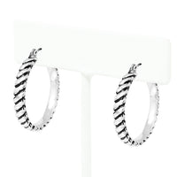 Statement Burnished Silver Tone 3D Textured Stripe Lever Back Hoop Earrings,1.25"