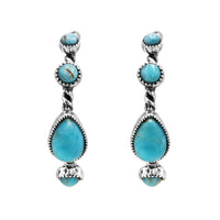 Women's Western Chic Turquoise Howlite Stone Station Open Hoop Silver Tone Textured Rope Earrings, 1.25"