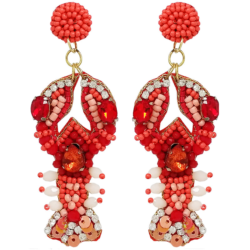 Unique Sea Creature Decorative Seed Bead Lobster Hypoallergenic Post Back Dangle Earrings, 3"