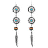 Stunning Shoulder Duster Length Decorative Western Metal Feather With Turquoise Accents Dangle Earrings, 4.5"