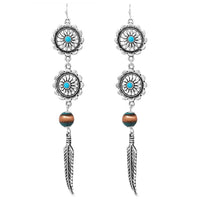 Stunning Shoulder Duster Length Decorative Western Metal Feather With Turquoise Accents Dangle Earrings, 4.5"