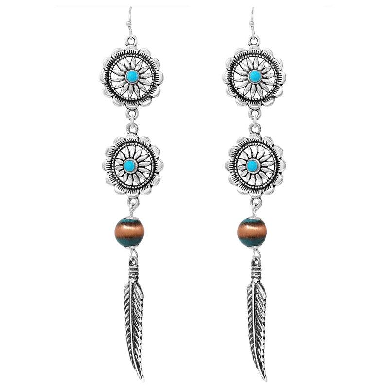 Stunning Shoulder Duster Length Decorative Western Metal Feather With Turquoise Accents Dangle Earrings, 4.5"