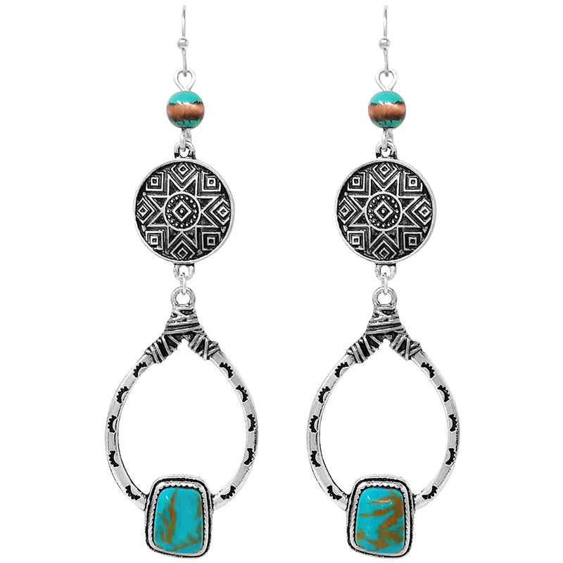Burnished Silver Tone Western Star Concho Teardrop Hoops With Howlite Stone Earrings, 3.30"