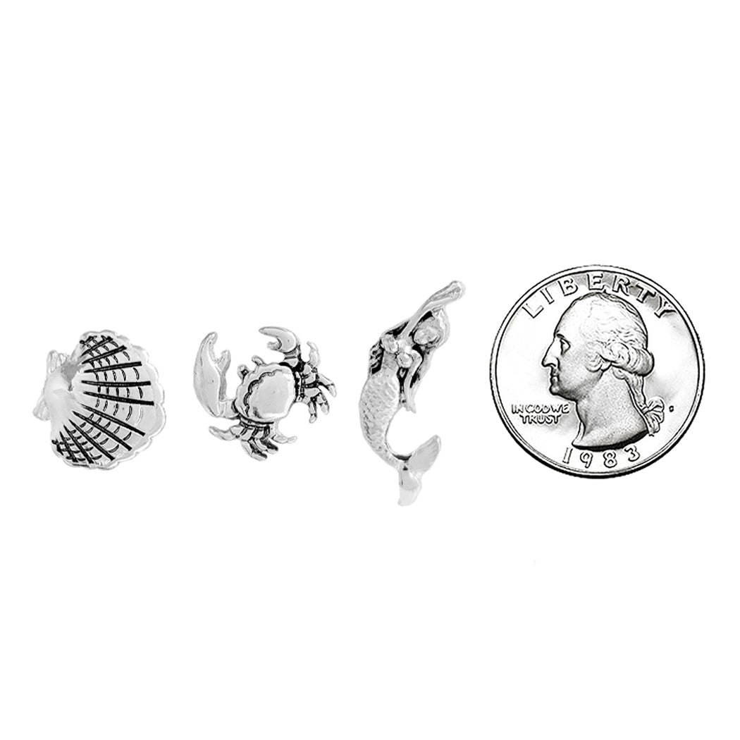 Whimsical Set Of 3 Mermaid Crab And Clam Shell Silver Tone Sea Life Themed Hypoallergenic Post Back Stud Earrings