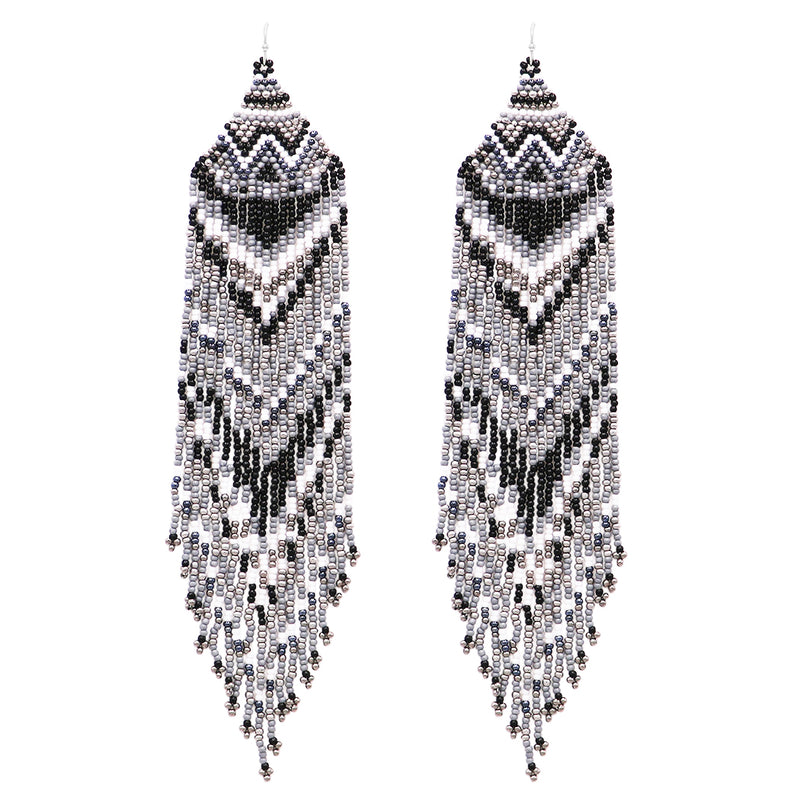 Long Peyote Stitch With Fringe Seed Bead Shoulder Duster Statement Earrings, 7.5" (Black White Silver)