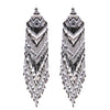 Long Peyote Stitch With Fringe Seed Bead Shoulder Duster Statement Earrings, 7.5" (Black White Silver)