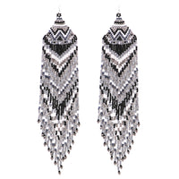 Long Peyote Stitch With Fringe Seed Bead Shoulder Duster Statement Earrings, 7.5" (Black White Silver)