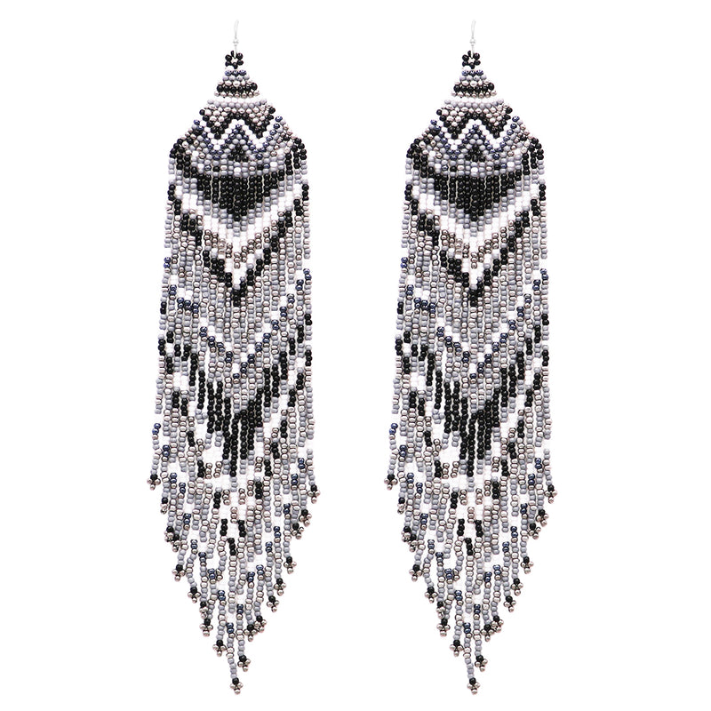 Long Peyote Stitch With Fringe Seed Bead Shoulder Duster Statement Earrings, 7.5" (Black White Silver)