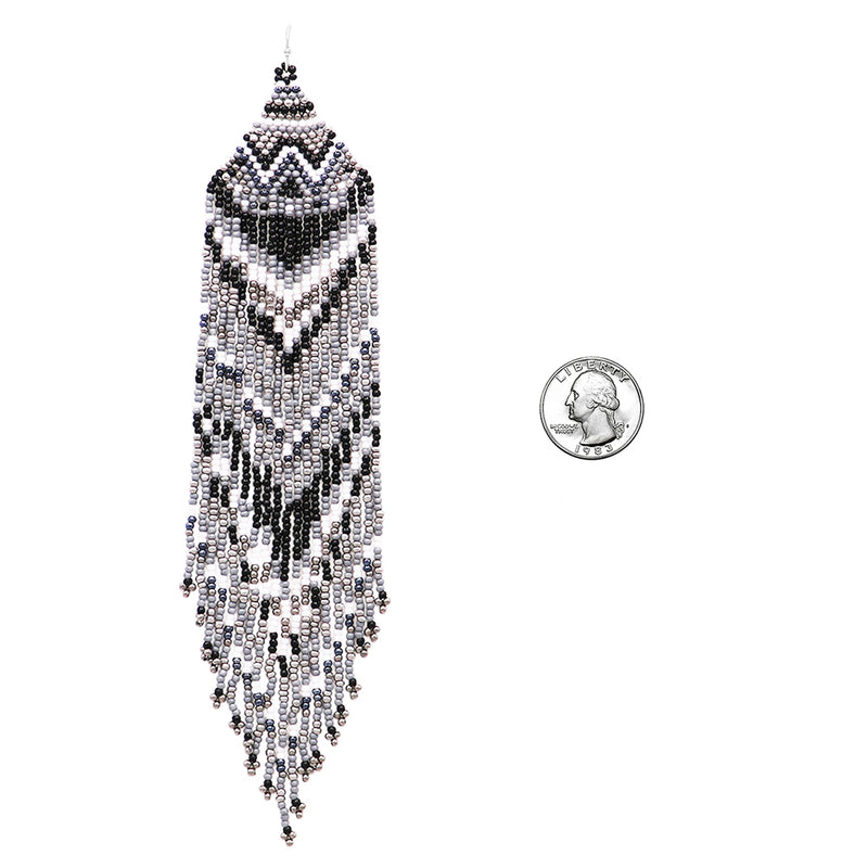 Long Peyote Stitch With Fringe Seed Bead Shoulder Duster Statement Earrings, 7.5" (Black White Silver)