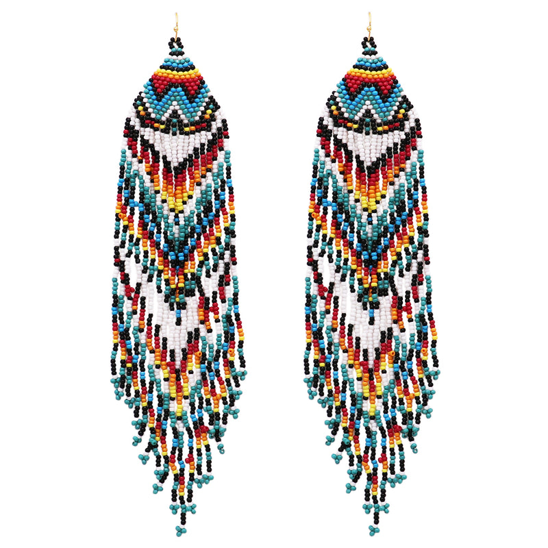 Long Peyote Stitch With Fringe Seed Bead Shoulder Duster Statement Earrings, 7.5" (Turquoise Multicolor)
