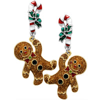 Whimsical Christmas Holiday Themed Fun Glitter Enamel Gingerbread Man With Candy Cane Dangle Hypoallergenic Post Back Earrings, 1.85"