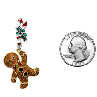 Whimsical Christmas Holiday Themed Fun Glitter Enamel Gingerbread Man With Candy Cane Dangle Hypoallergenic Post Back Earrings, 1.85"