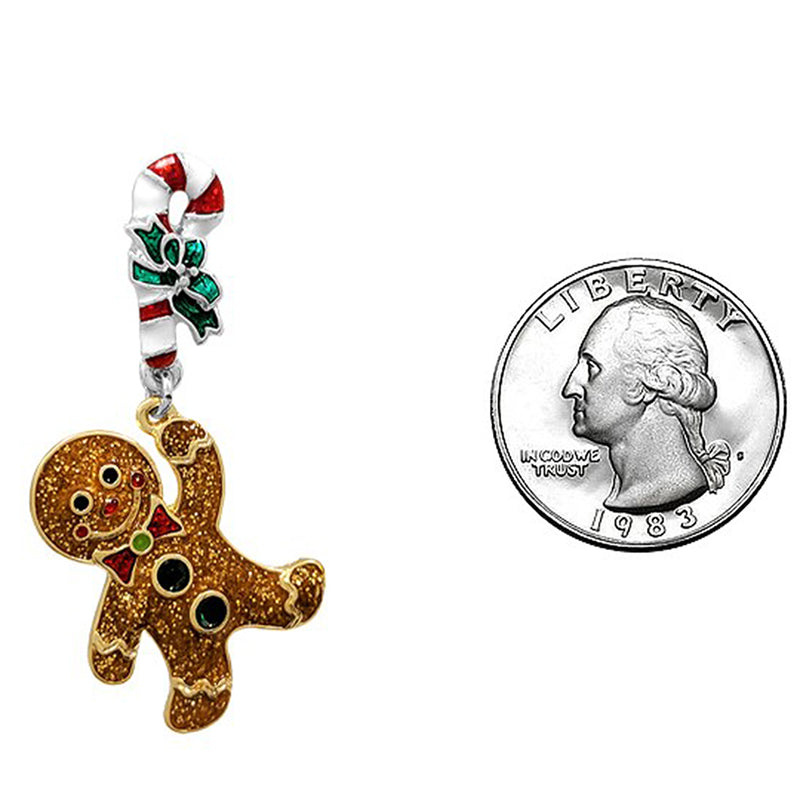 Whimsical Christmas Holiday Themed Fun Glitter Enamel Gingerbread Man With Candy Cane Dangle Hypoallergenic Post Back Earrings, 1.85"