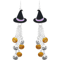 Spooktacularly Fun Enamel Jack O Lantern With Witches Hat Halloween Dangle Earrings (3", Witches Hat With Dangle Glitter And Silver Pumpkins)
