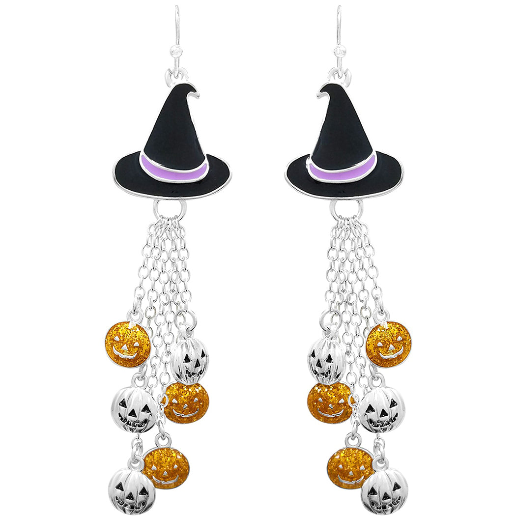 Spooktacularly Fun Enamel Jack O Lantern With Witches Hat Halloween Dangle Earrings (3", Witches Hat With Dangle Glitter And Silver Pumpkins)