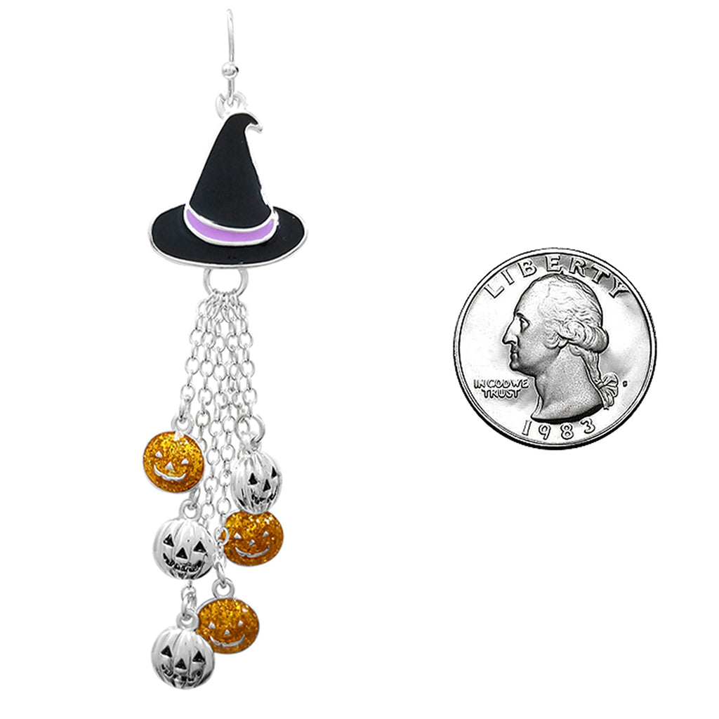 Spooktacularly Fun Enamel Jack O Lantern With Witches Hat Halloween Dangle Earrings (3", Witches Hat With Dangle Glitter And Silver Pumpkins)