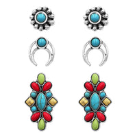 Cowgirl Fun Set of 3 Pairs Western Style Natural Howlite Stone Post Back Earrings (Multicolored Howlite And Squash Blossom)