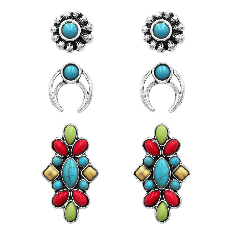 Cowgirl Fun Set of 3 Pairs Western Style Natural Howlite Stone Post Back Earrings (Multicolored Howlite And Squash Blossom)
