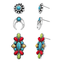 Cowgirl Fun Set of 3 Pairs Western Style Natural Howlite Stone Post Back Earrings (Multicolored Howlite And Squash Blossom)