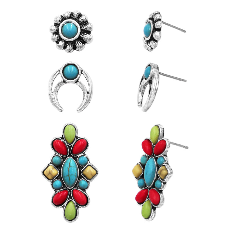 Cowgirl Fun Set of 3 Pairs Western Style Natural Howlite Stone Post Back Earrings (Multicolored Howlite And Squash Blossom)