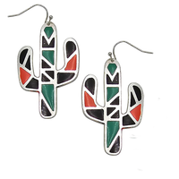 Chic South Western Textured Metal With Vibrant Enamel Aztec Pattern Cactus Dangle Earrings, 2.5"