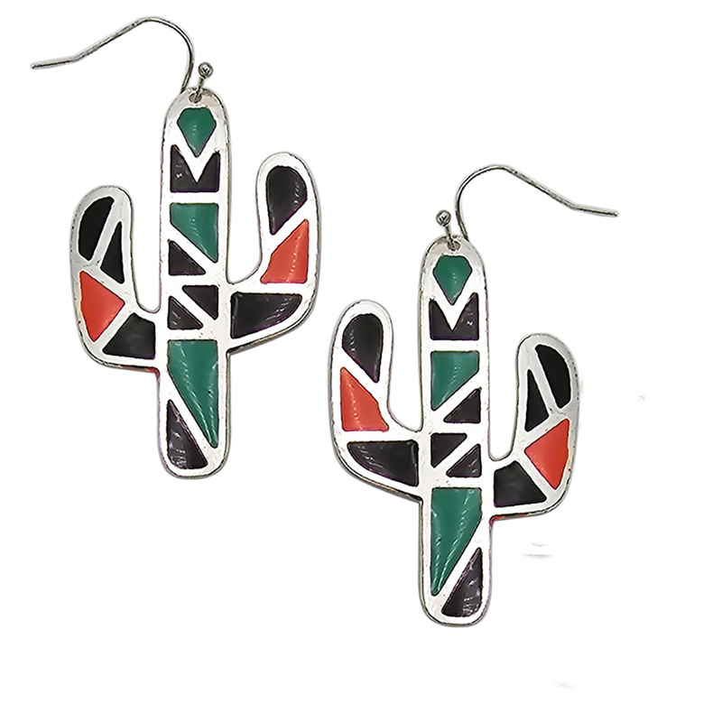Chic South Western Textured Metal With Vibrant Enamel Aztec Pattern Cactus Dangle Earrings, 2.5"