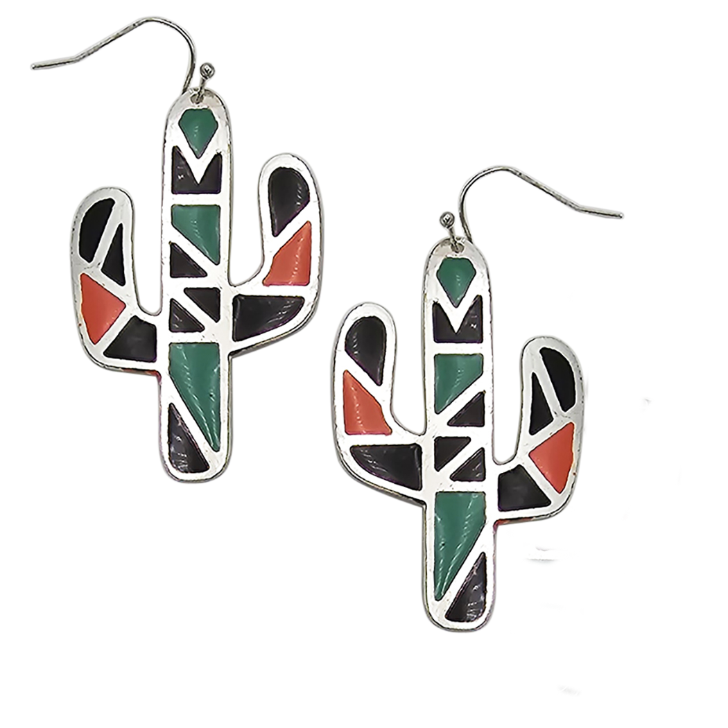 Chic South Western Textured Metal With Vibrant Enamel Aztec Pattern Cactus Dangle Earrings, 2.5