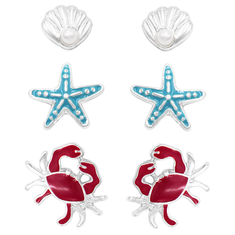 Whimsical Set of 3 Starfish Crab and Clamshell Silver Tone Enamel Coated Sea Life Hypoallergenic Post Back Stud Earrings