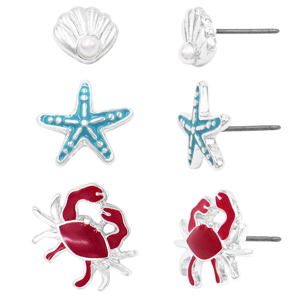 Whimsical Set of 3 Starfish Crab and Clamshell Silver Tone Enamel Coated Sea Life Hypoallergenic Post Back Stud Earrings