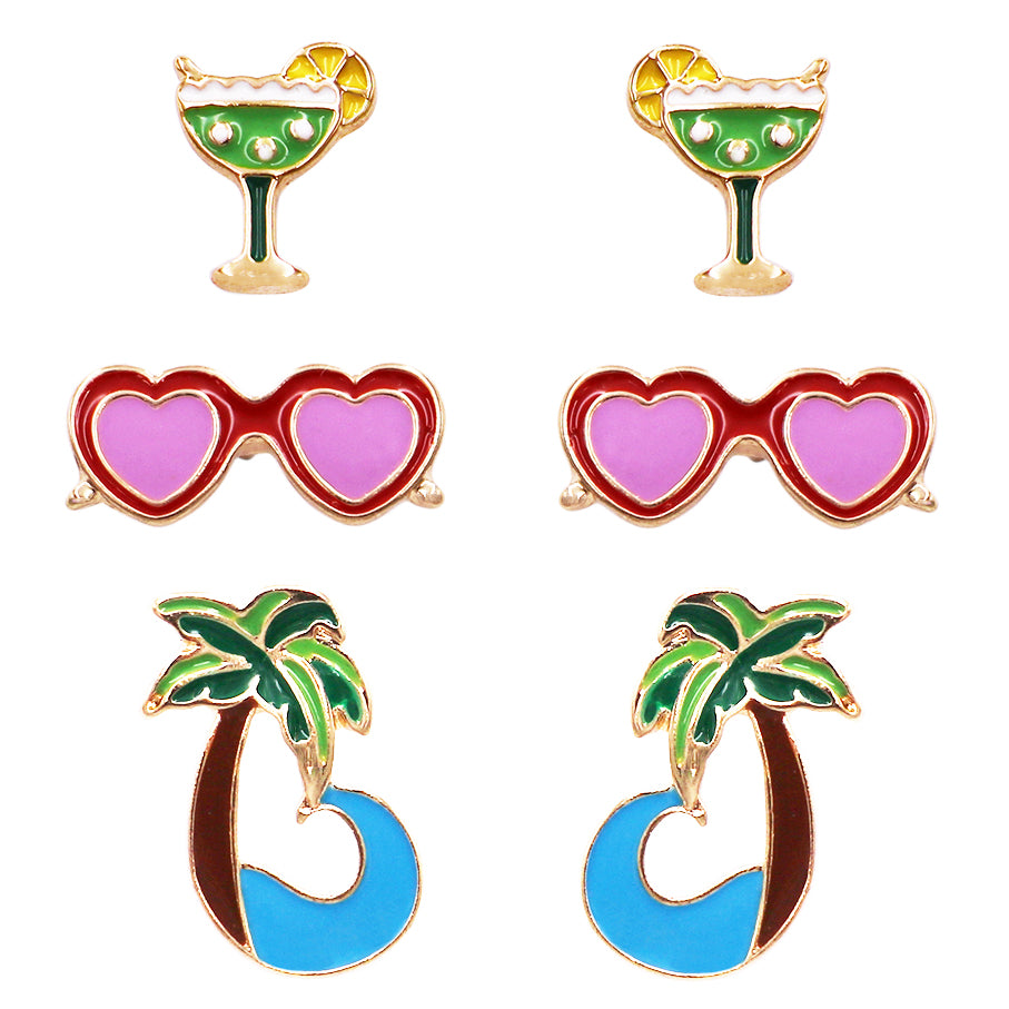 Whimsical Set of 3 Enamel Coated Coversational Hypoallergenic Post Back Stud Earrings (Fruity Cocktails, Heart Sunglasses, Palm Trees)