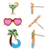 Whimsical Set of 3 Enamel Coated Coversational Hypoallergenic Post Back Stud Earrings (Fruity Cocktails, Heart Sunglasses, Palm Trees)