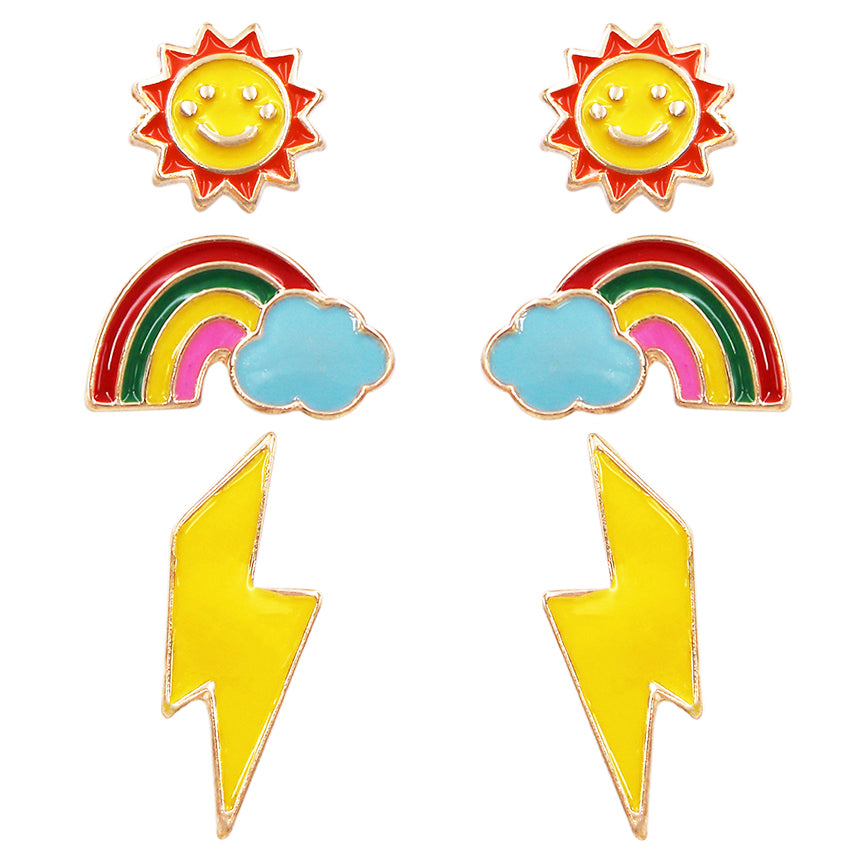 Whimsical Set of 3 Enamel Coated Coversational Hypoallergenic Post Back Stud Earrings (Sunshines, Rainbows, Lightning Bolts)