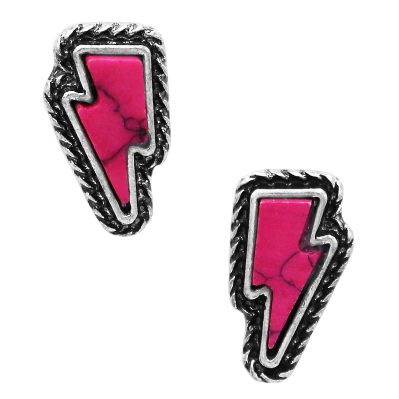 Western Style Lightning Bolt With Colorful Semi Precious Natural Howlite Stone Hypoallergenic Post Back Earrings, 0.62" (Fuchsia Pink Stone)